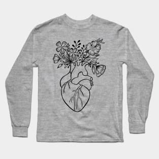 Floral Human Heart Anatomy | Line Art Long Sleeve T-Shirt